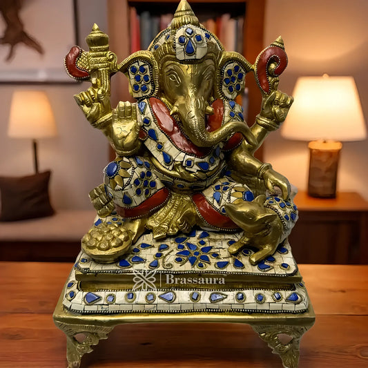 Brassaura™ Brass Gem Stone Work Fruit Ganesha Idol – Height 11.4 inches & Weight 7.45 kgs | Ganpati Statue for Pooja & Home Décor