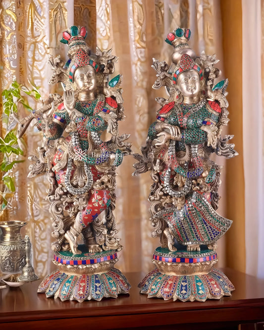 Brassaura™ Pure Brass Radha Krishna Statue with Triple-Layered Meenakari – Height 27 Inches & Weight 40 Kgs | Majestic Devotional Idol
