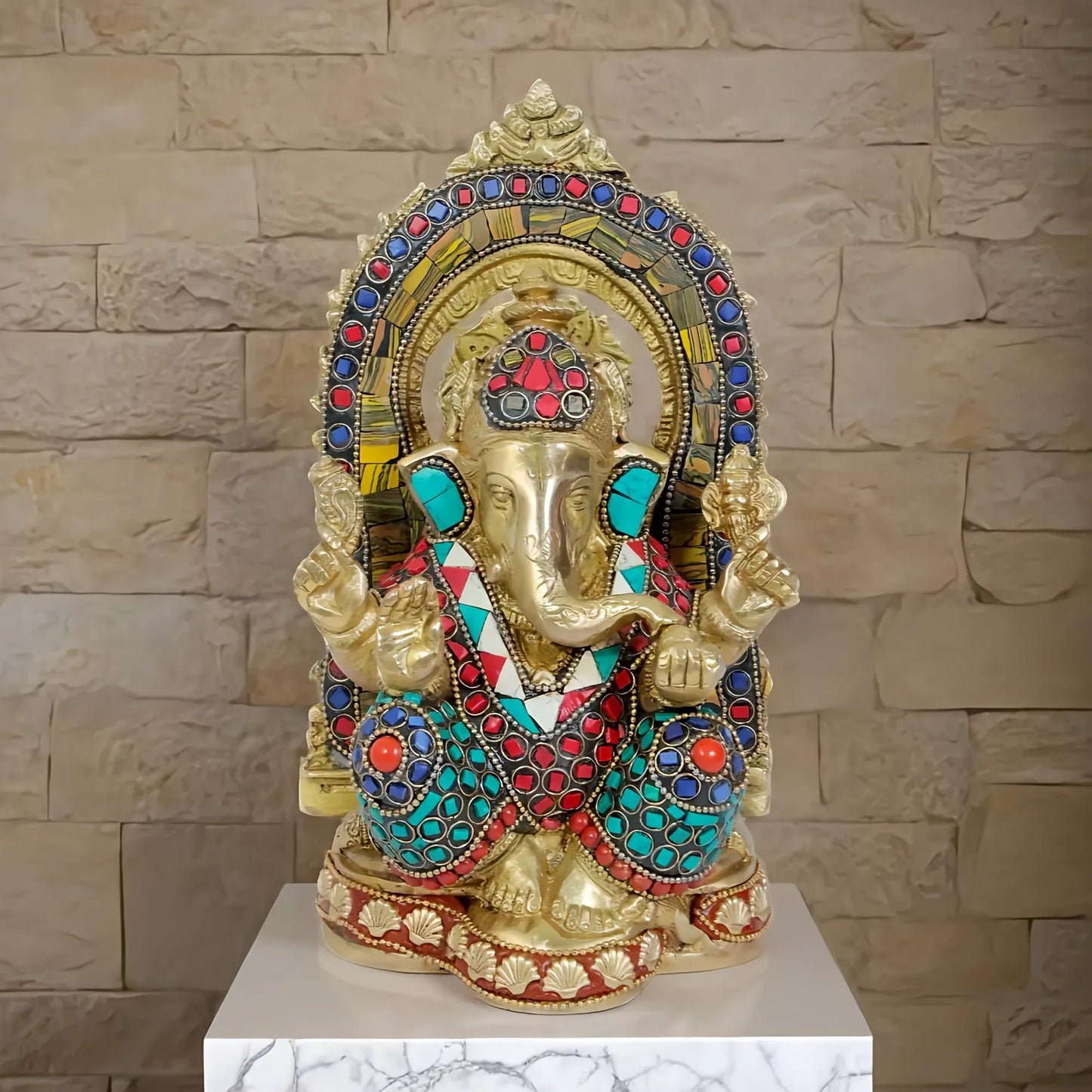 Brassaura™ Gemstone-Embellished Brass Ganesha Murti for Home & Temple Décor | Height 10.2 Inches & Weight 2.3 Kgs