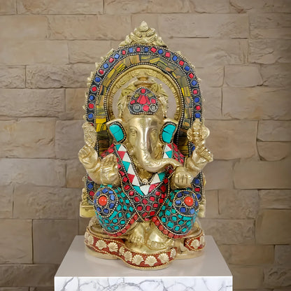 Brassaura™ Gemstone-Embellished Brass Ganesha Murti for Home & Temple Décor | Height 10.2 Inches & Weight 2.3 Kgs