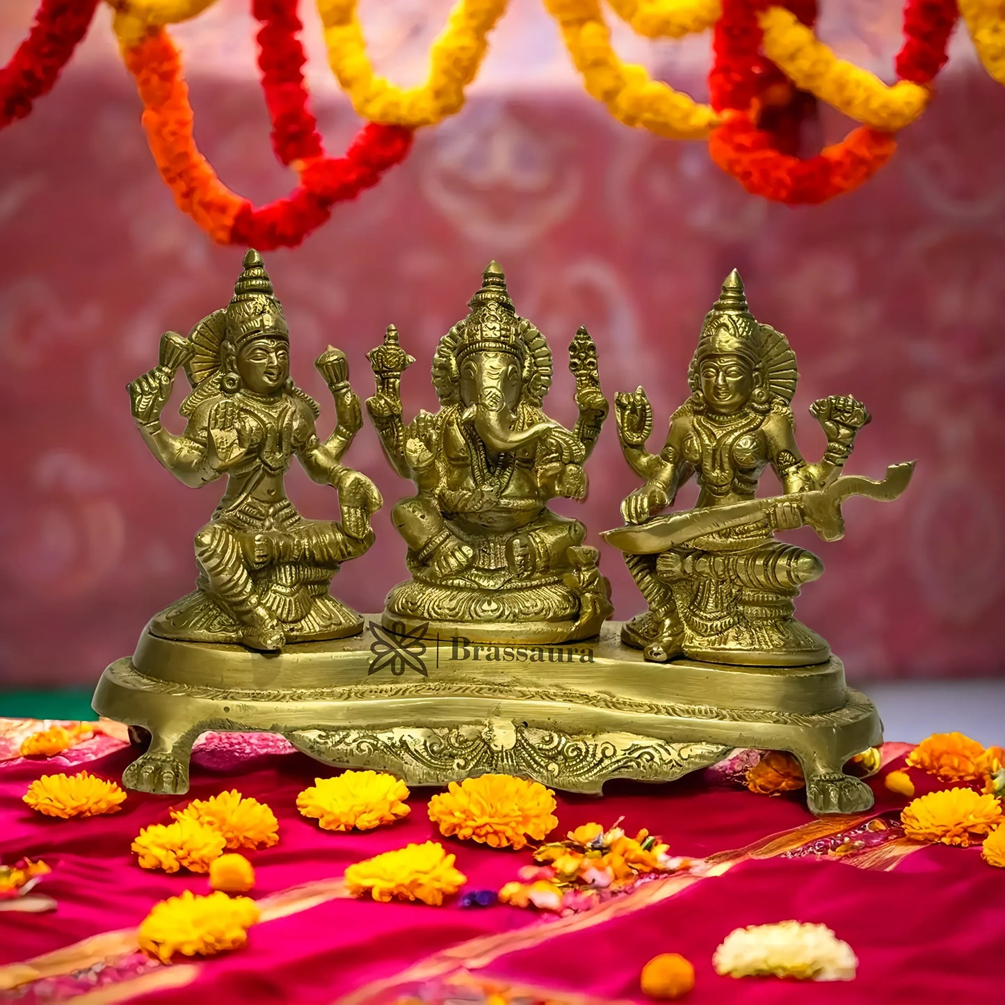 Brassaura™ Artistic Brass Laxmi Ganesha Saraswati Idol – Height 8 Inches & Weight 3.1 Kgs | Spiritual Home Décor