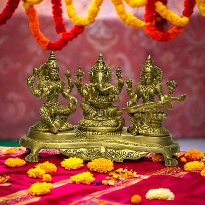 Brassaura™ Artistic Brass Laxmi Ganesha Saraswati Idol – Height 8 Inches & Weight 3.1 Kgs | Spiritual Home Décor