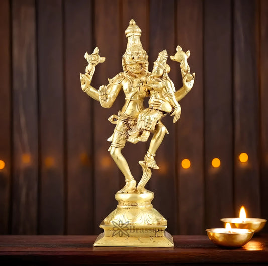 Brassaura™ Pure Brass Lord Narasimha with Goddess Lakshmi Idol – 12 Inch Height, 3 kg Weight | Handcrafted Hindu Statue for Home & Temple
