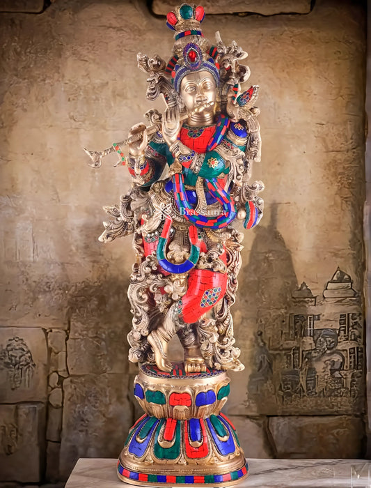 Brassaura™ Pure Brass Lord Krishna Statue with Stonework – Height 30 Inches & Weight 17.5 Kgs