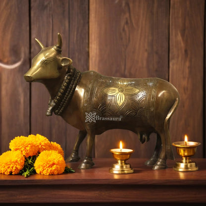 Brassaura™ Brass Kamdhenu Cow Idol – Height 11 Inches & Weight 5 Kgs | Vedic Home Altar Décor