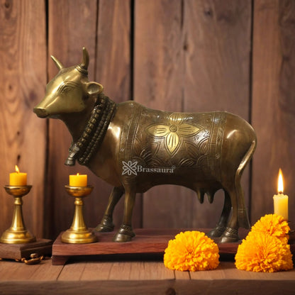 Brassaura™ Brass Kamdhenu Cow Idol – Height 11 Inches & Weight 5 Kgs | Vedic Home Altar Décor