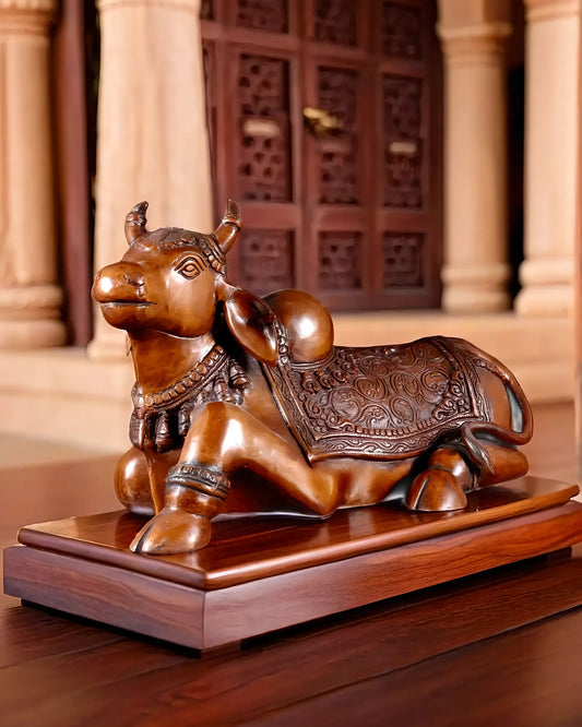 Brassaura™ Brass Nandi Statue with Copper Tone – Height 15" & Weight 9 Kgs | Temple & Home Décor