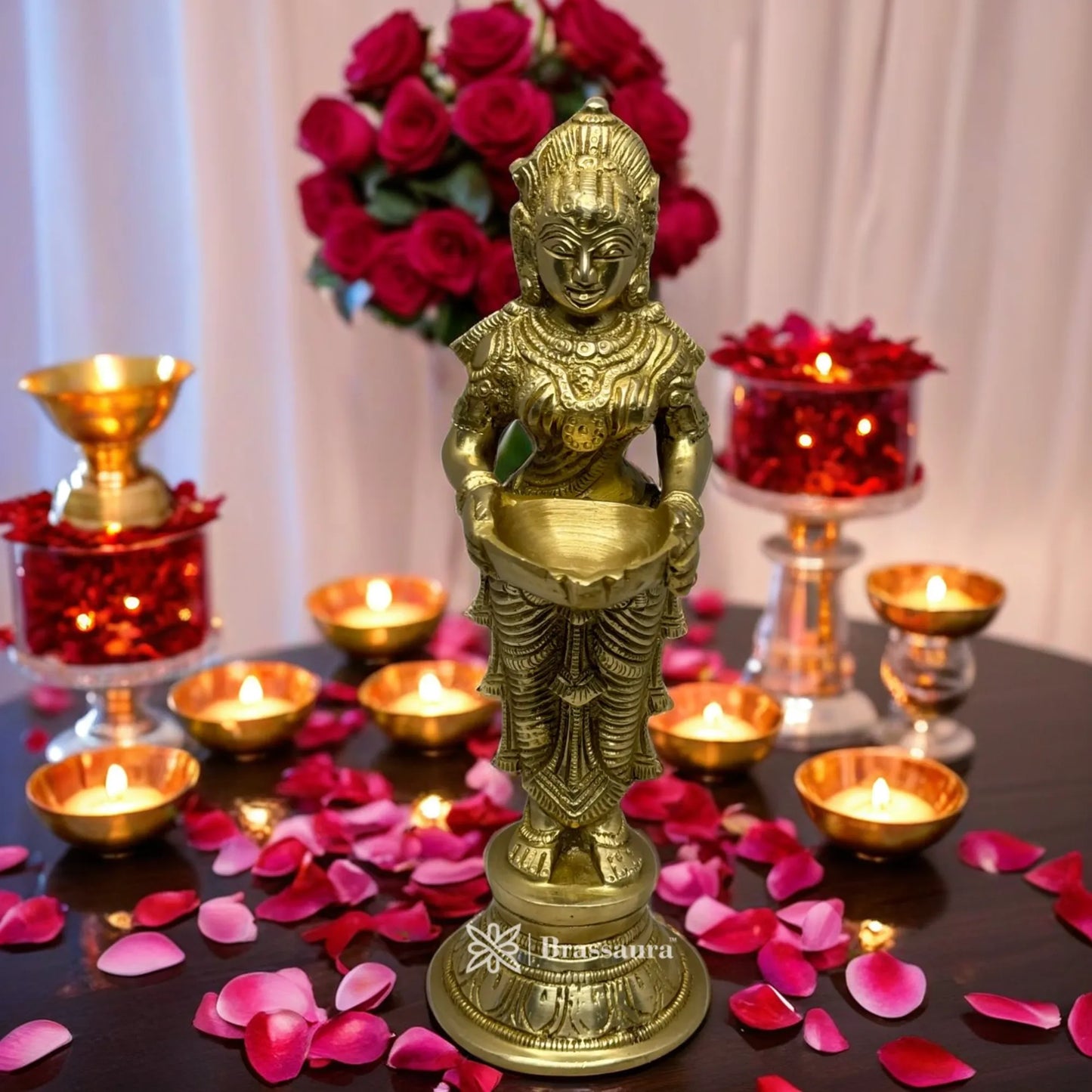 Brassaura™ Brass Deep Laxmi Idol – Height 11.2 Inches & Weight 1.7 Kgs | Home & Puja Décor