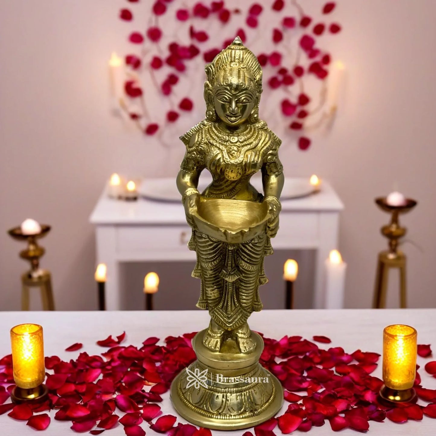 Brassaura™ Brass Deep Laxmi Idol – Height 11.2 Inches & Weight 1.7 Kgs | Home & Puja Décor