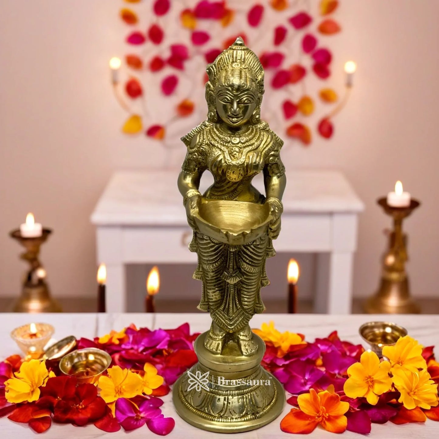 Brassaura™ Brass Deep Laxmi Idol – Height 11.2 Inches & Weight 1.7 Kgs | Home & Puja Décor