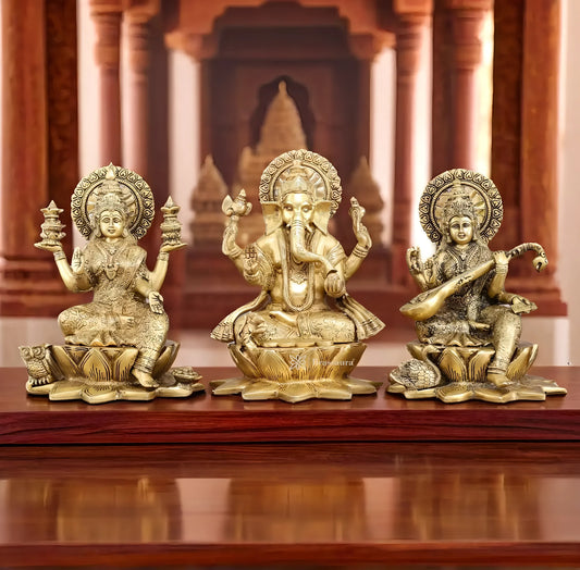Brassaura™ Pure Brass Ganesh Lakshmi Saraswati Set – 11" Height, 19 kg – Handcrafted Trio for Prosperity & Wisdom