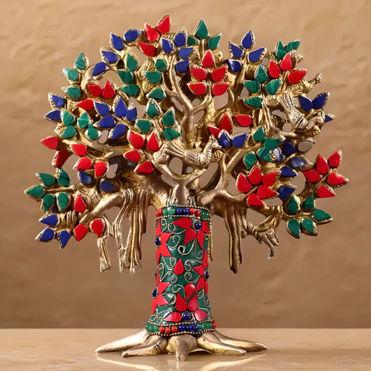 Brassaura™ Pure Brass Handcrafted Kalpavriksha Tree with Stonework | Tabletop Tree of Life Showpiece | Weight 1.2 Kgs | Height 9.5 Inches
