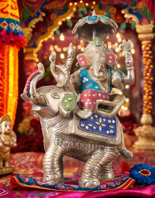 Handcrafted Brass Ganesha on Ambari with Meenakari Stonework – Height 9.5 Inches, Weight 3 Kgs