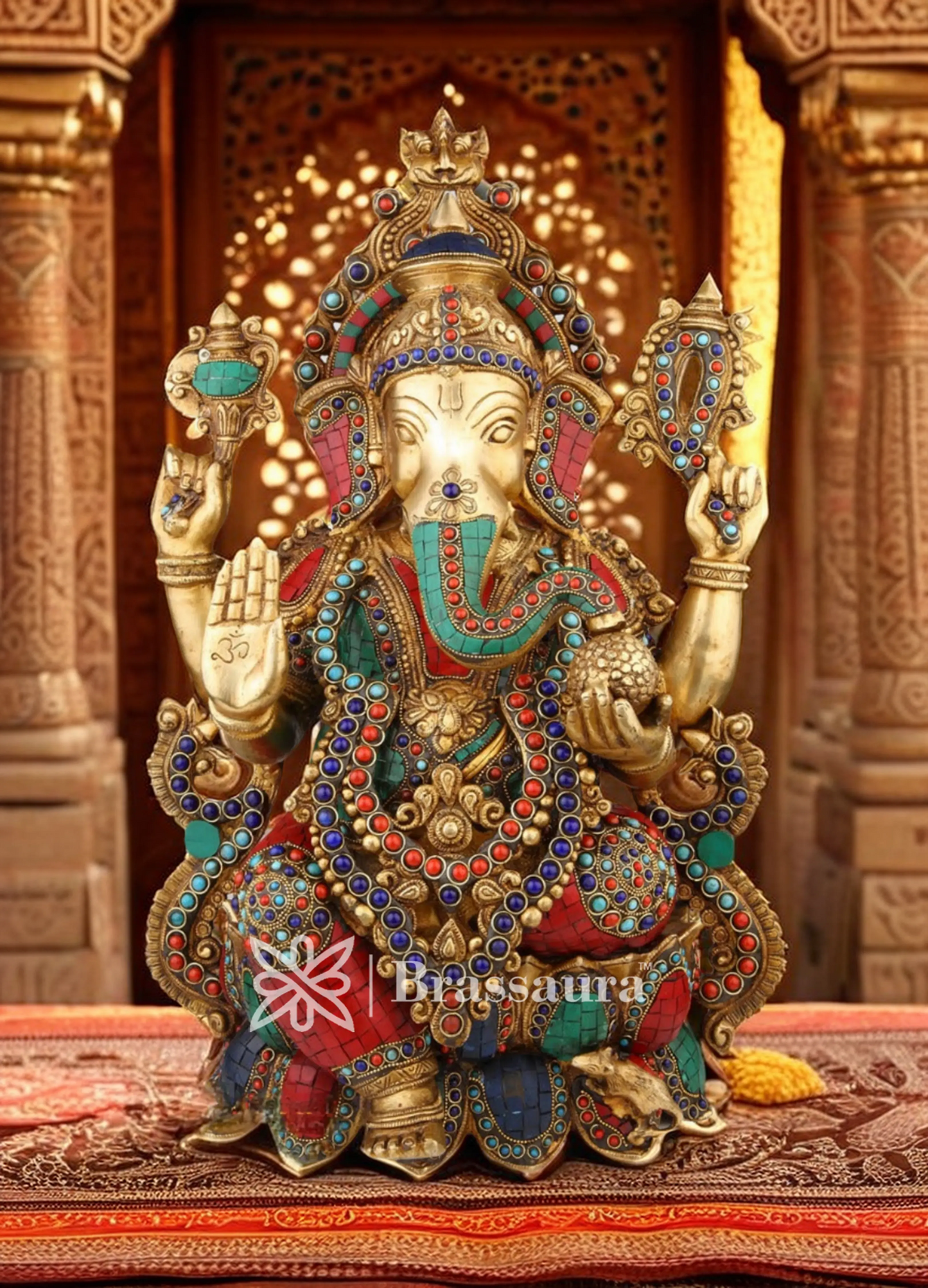Brassaura™ Brass Big Size Gem Stone Work Jewellery Ganesha Idol for Home Décor | Weight 23 Kgs | Height 22 Inches
