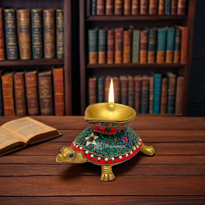 Brass Gem Stone Work Turtle Diya Idol for Home and Decor Weight 1.4 Kg Height 3.1 inch