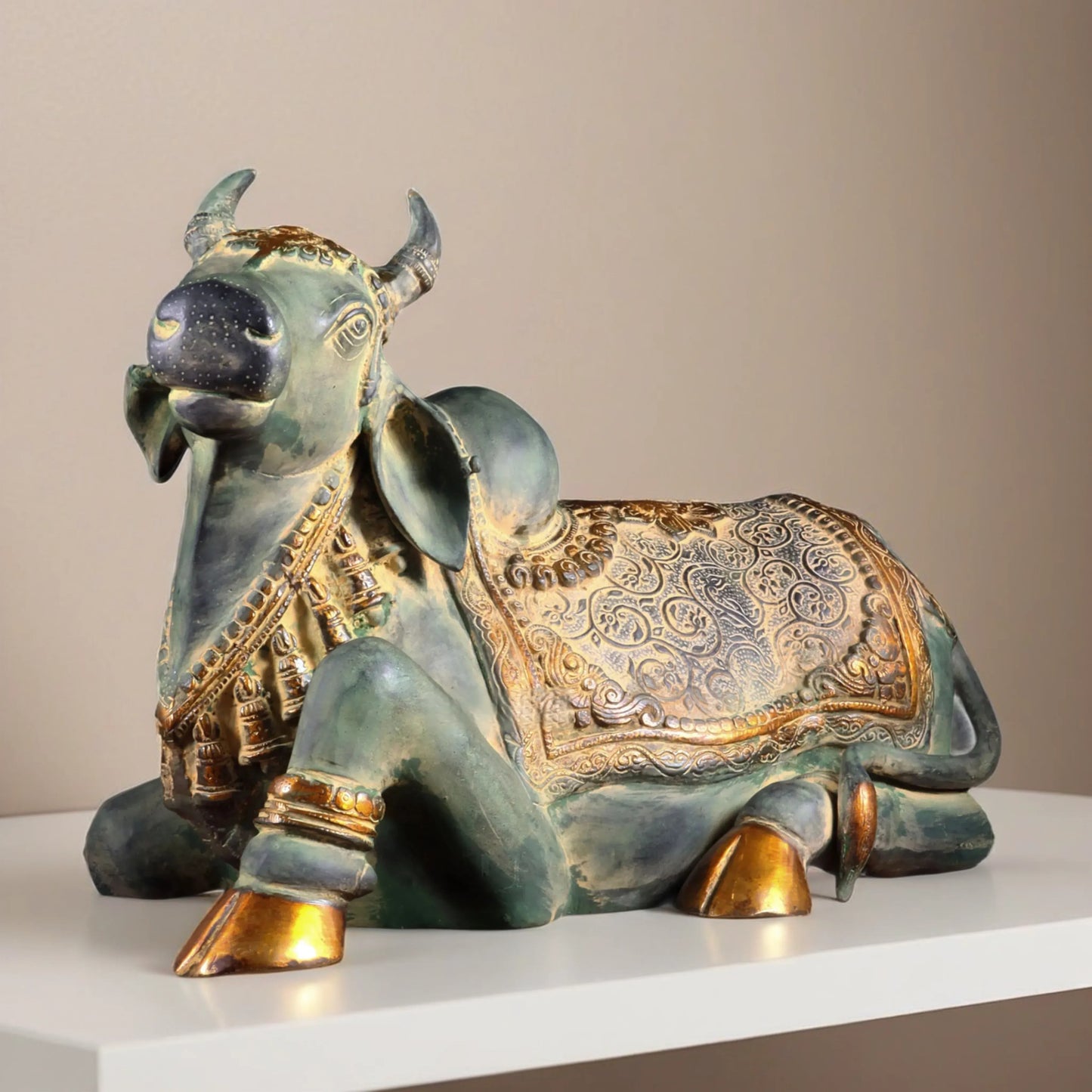 Brassaura™ Pure Brass Handcrafted Nandi Idol with Vintage Green Patina | Majestic Traditional Sculpture | Weight 20 Kgs | Height 14.5 Inches