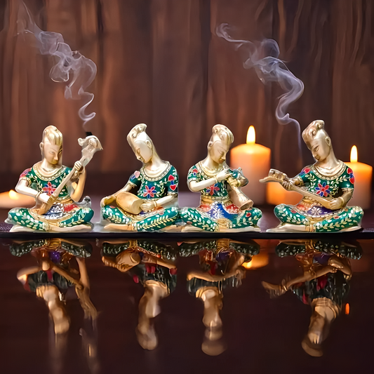 Brassaura™ Brass Tribal Musicians Set with Stonework – Height 6.3 Inches & Total Weight 6 Kgs