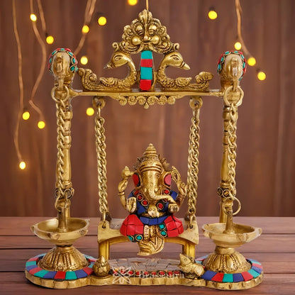 Brassaura™ Brass Gemstone Work Ganesh Jhula with Hanging Diya – Height 9.84 inches | Weight 2 kgs