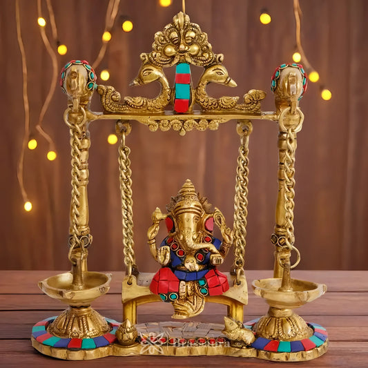 Brassaura™ Brass Gemstone Work Ganesh Jhula with Hanging Diya – Height 9.84 inches | Weight 2 kgs