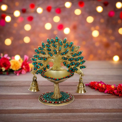 Brass Gem Stone Work Tree Diya Weight 1.3 Kg & Height 7 Inch