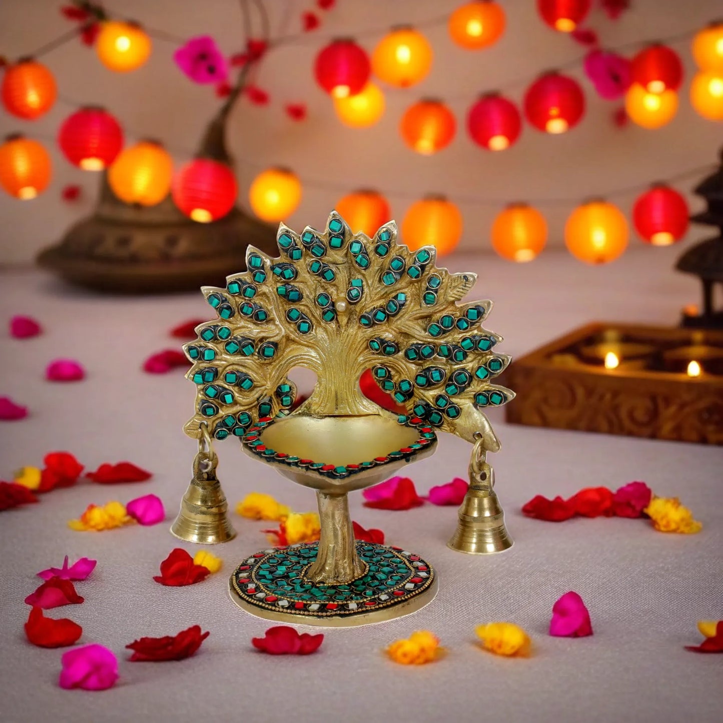 Brass Gem Stone Work Tree Diya Weight 1.3 Kg & Height 7 Inch