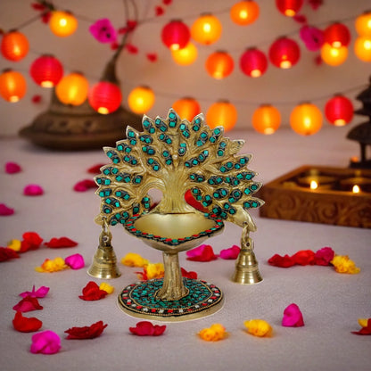Brass Gem Stone Work Tree Diya Weight 1.3 Kg & Height 7 Inch