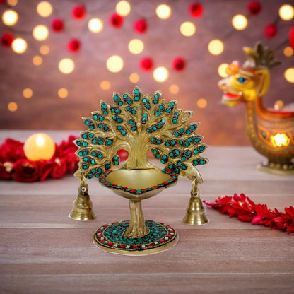 Brass Gem Stone Work Tree Diya Weight 1.3 Kg & Height 7 Inch