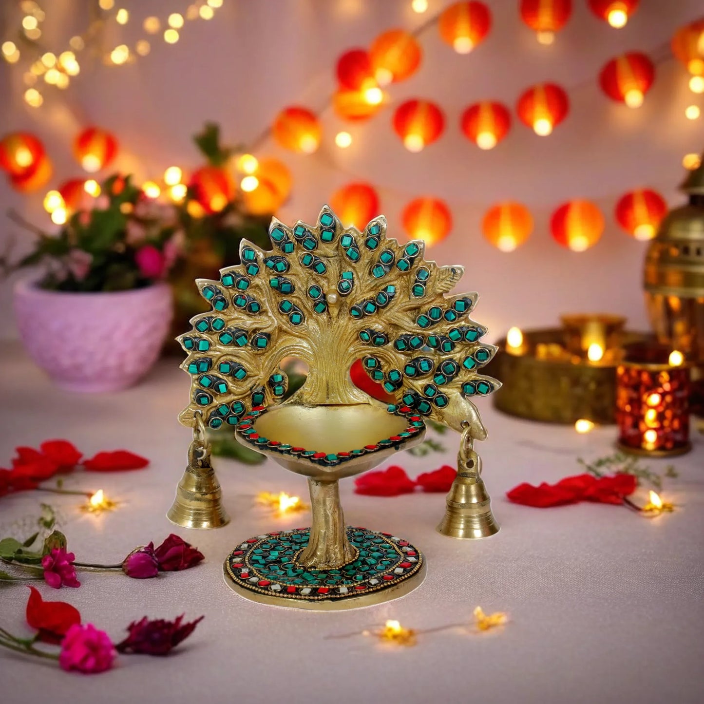 Brass Gem Stone Work Tree Diya Weight 1.3 Kg & Height 7 Inch
