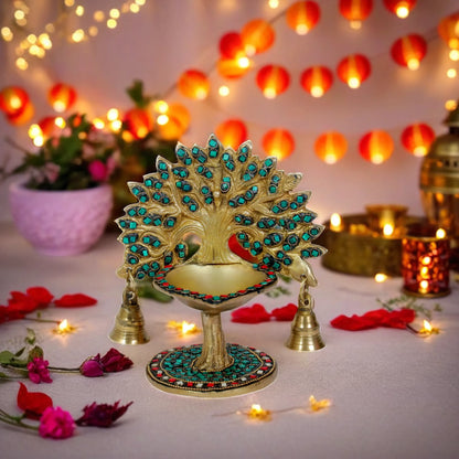 Brass Gem Stone Work Tree Diya Weight 1.3 Kg & Height 7 Inch