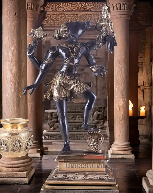 Brassaura™ Pure Brass Lord Narasimha Rescuing Bhooma Devi Idol – 17.5 Inch Height, 6.3 kg Weight | Handcrafted Hindu Statue for Pooja & Decor