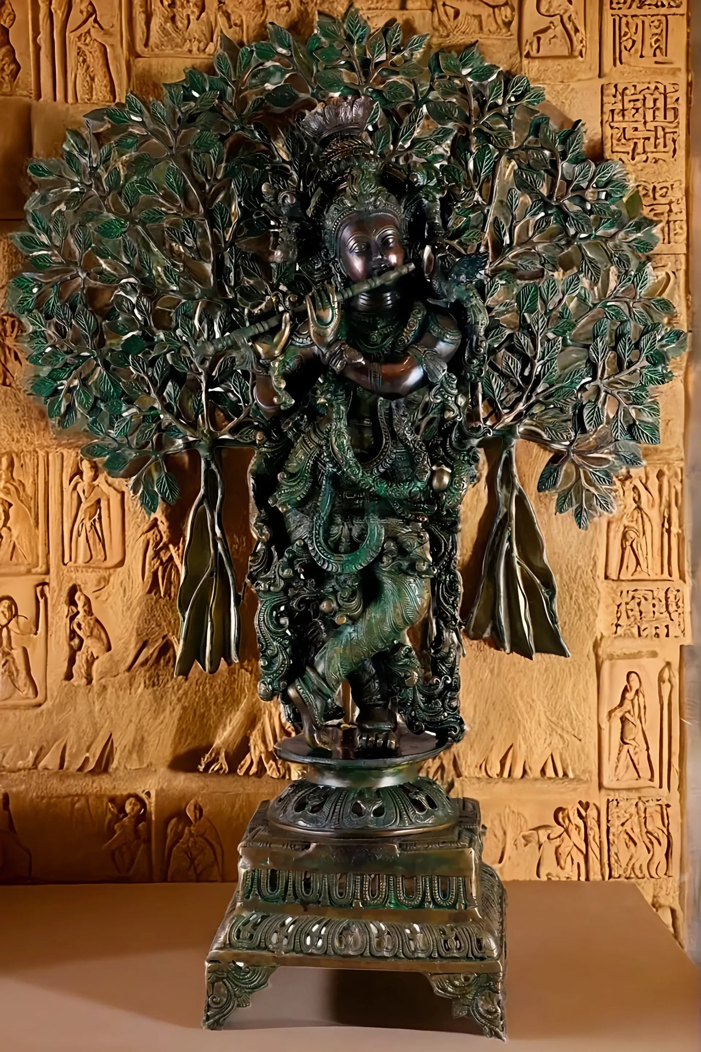 Brassaura™ Krishna Muralidhari Brass Idol – Height 35" | Weight 31 Kgs | Antique Gold Finish