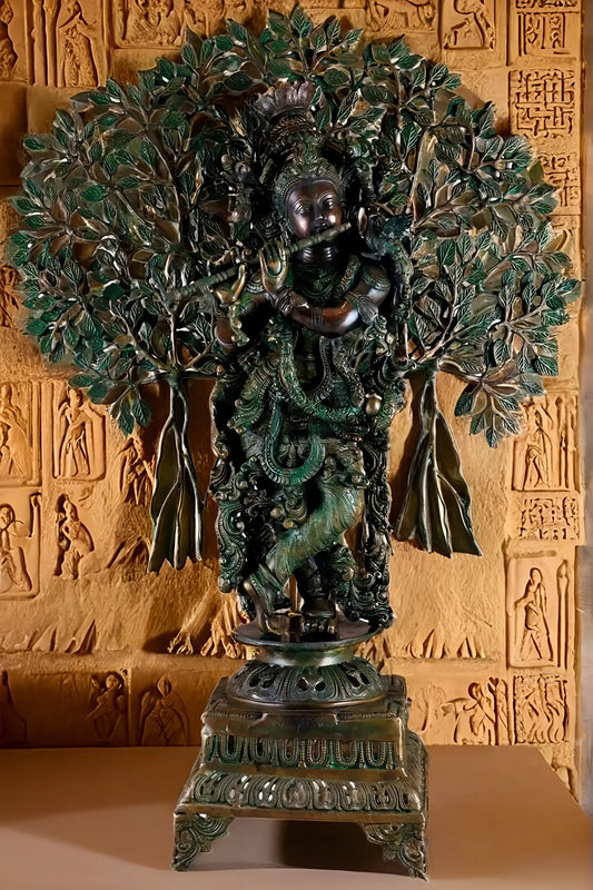 Brassaura™ Krishna Muralidhari Brass Idol – Height 35" | Weight 31 Kgs | Antique Gold Finish