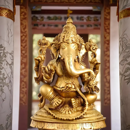 Brassaura™ Pure Brass Handcrafted Lord Ganesha Statue | Intricate Carvings | Height 10.5 Inches & Weight 4.5 Kgs