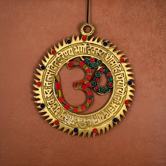 Brassaura™ Brass Gemstone Work Om Wall Hanging Idol – Height 6 Inches & Weight 0.3 Kgs | Spiritual Home Décor