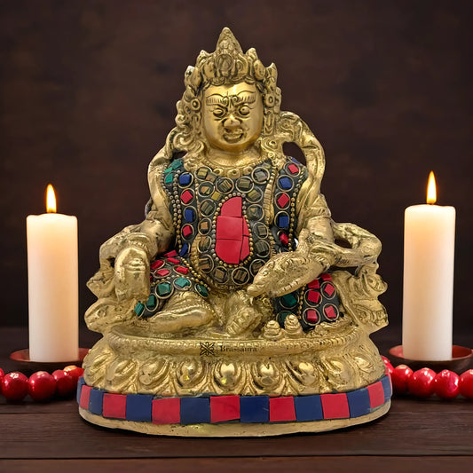 Brassaura® Brass Gem Stone Work Kuber Idol – Height 5.6 Inches | Divine Home & Pooja Sculpture