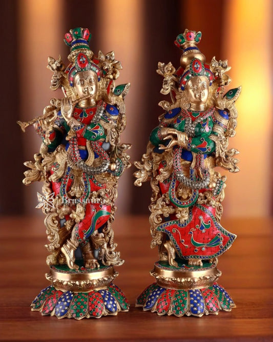 Brassaura™ Handcrafted Brass Radha Krishna Idol Pair with Lotus Base – Height 27 Inches & Weight 40 Kgs | Elegant Devotional Statue