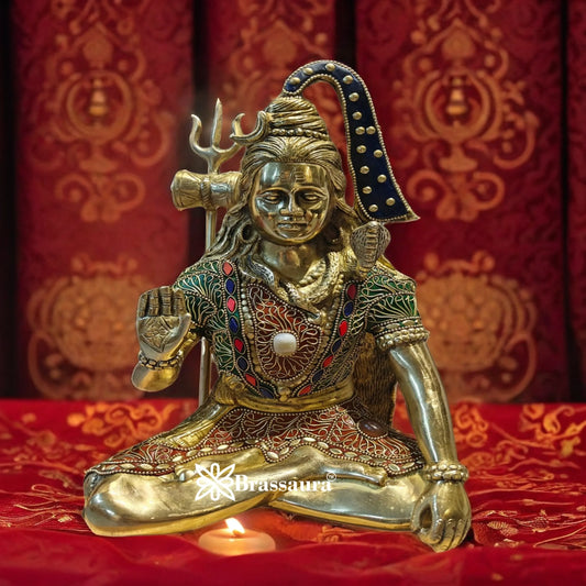 Brassaura™ Handcrafted Lord Shiva Brass Idol with Gem Embellishments – Height 12 Inches & Weight 4.8 Kgs