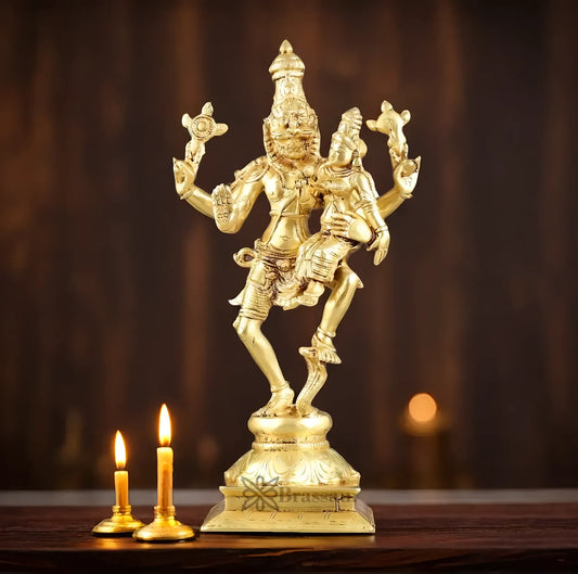 Brassaura™ Pure Brass Lord Narasimha with Goddess Lakshmi Idol – 12 Inch Height, 3 kg Weight | Handcrafted Hindu Statue for Home & Temple