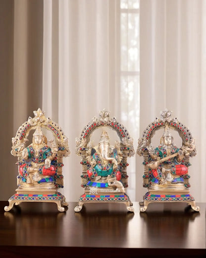 Brass Gem Stone Work Laxmi Ganesha Saraswati Murti for Home and Decor Height 8 Inches & Weight 6 Kgs