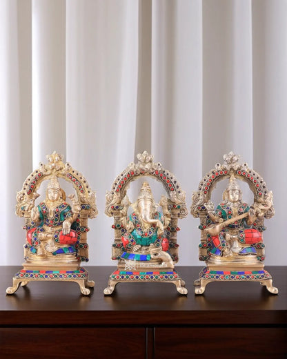 Brass Gem Stone Work Laxmi Ganesha Saraswati Murti for Home and Decor Height 8 Inches & Weight 6 Kgs