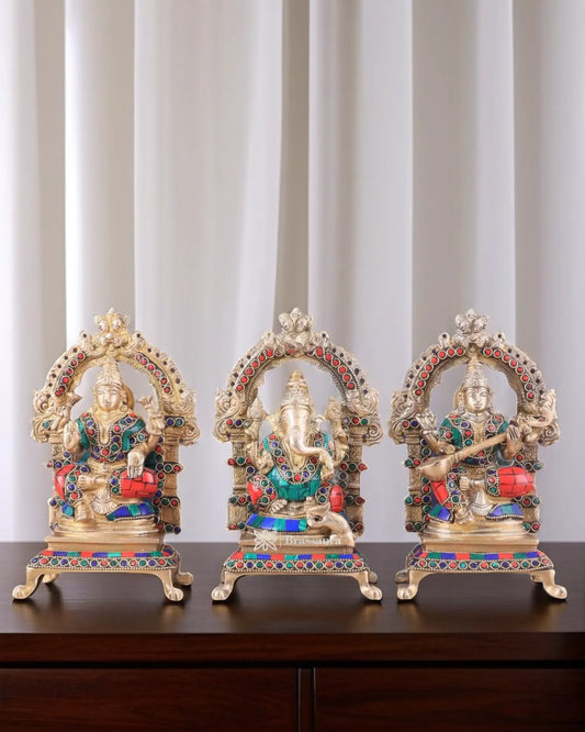 Brass Gem Stone Work Laxmi Ganesha Saraswati Murti for Home and Decor Height 8 Inches & Weight 6 Kgs