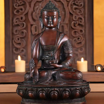 Brassaura™ Pure Brass Medicine Buddha Statue | Antique Tone Handcrafted Décor | Weight 4.58 Kgs | Height 12 Inches