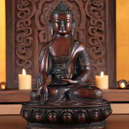 Brassaura™ Pure Brass Medicine Buddha Statue | Antique Tone Handcrafted Décor | Weight 4.58 Kgs | Height 12 Inches