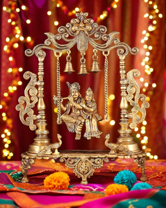 Brassaura™ Majestic Brass Radha Krishna Swing Idol with Peacocks – Height 20 Inches & Weight 7.5 Kgs | Antique Finish Devotional Statue