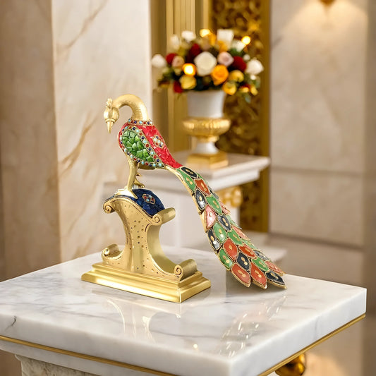 Brassaura™ Handcrafted Brass Peacock Showpiece with Stonework – Height 11 Inches & Weight 3 Kgs