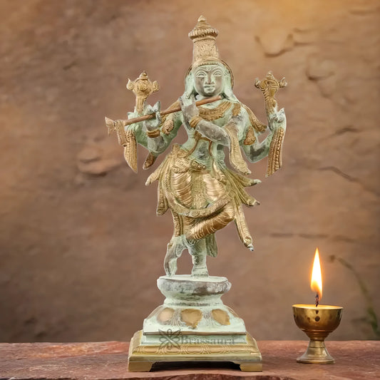 BrassAura™ Brass Krishna Roopam Vishnu Sculpture – Sand Blast Finish | Height 12 Inch | Weight 3.9 Kg