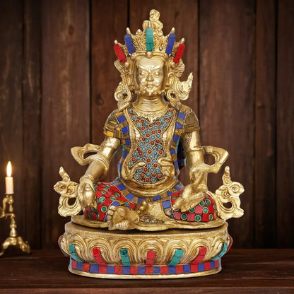 Brassaura™ Brass Gem Stone Work Kuber Idol – Height 14 Inches & Weight 4.8 Kgs | Religious & Cultural Décor