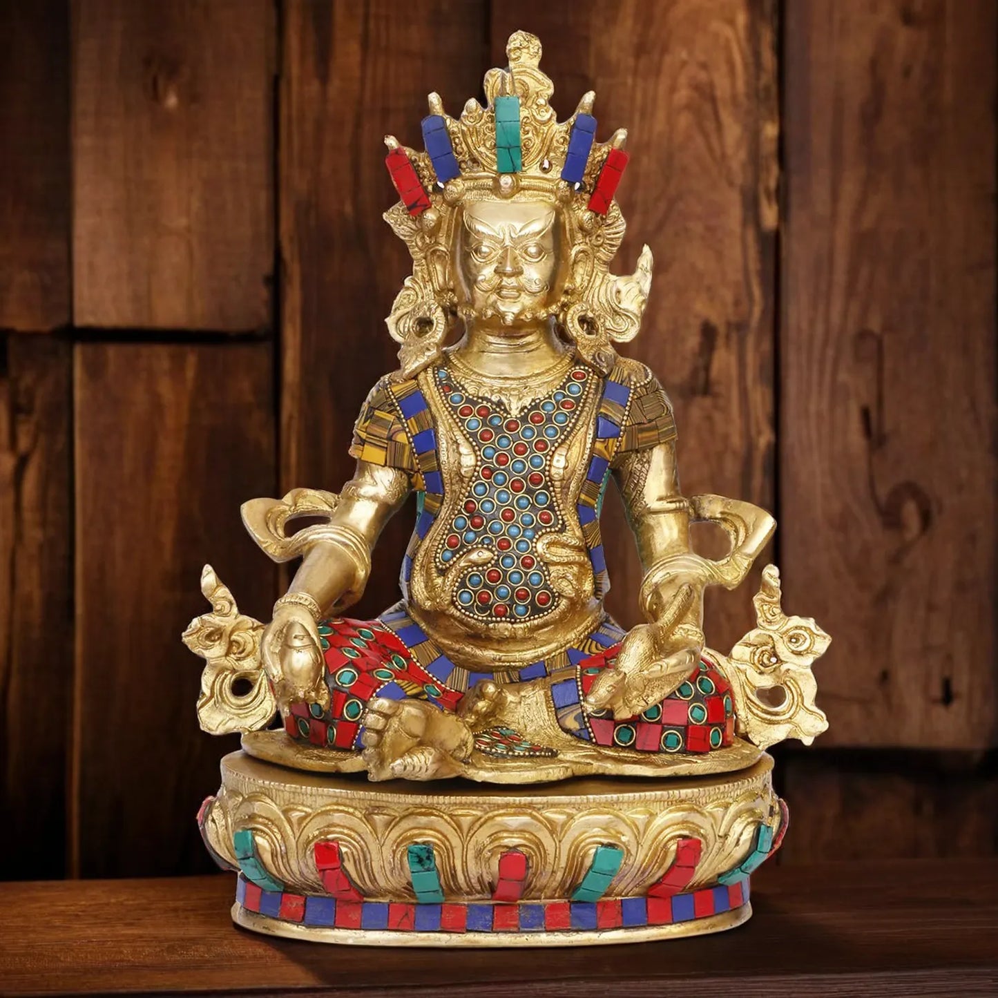 Brassaura™ Brass Gem Stone Work Kuber Idol – Height 14 Inches & Weight 4.8 Kgs | Religious & Cultural Décor