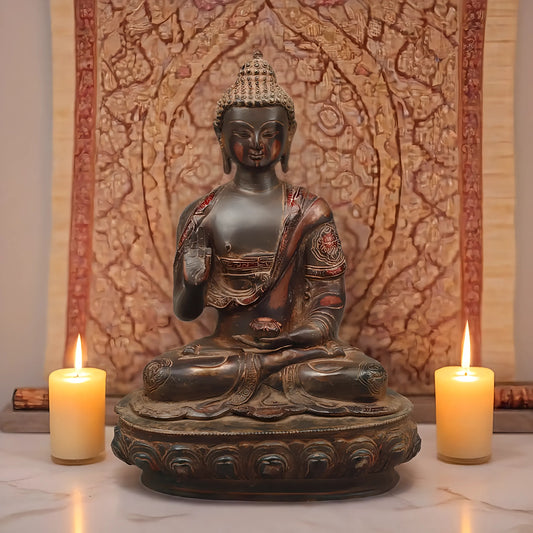 Brassaura™ Brass Buddha Statue in Blessing Posture – Height 17 Inches | Weight 9.88 Kgs | Copper Rustic Finish