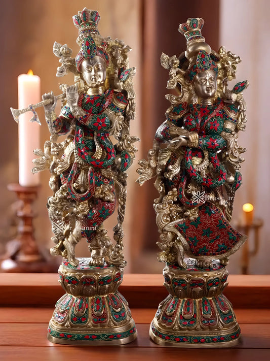 Brassaura™ Brass Gem Stone Work Radha-Krishna Idol – Height 30 Inches & Weight 40 Kgs | Premium Devotional Sculpture